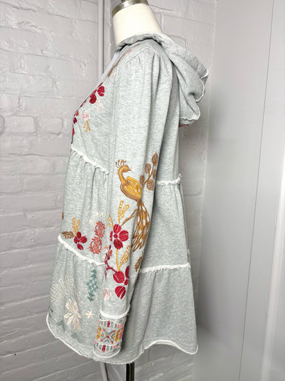 Women Size S Johnny Was Gray Embroidered Cotton Zip Front Hood Jacket