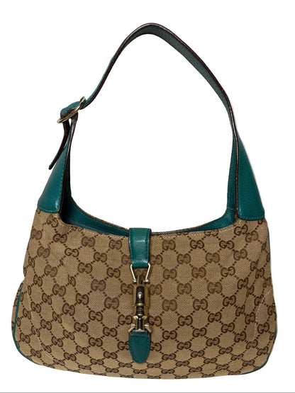 Women's Gucci Jackie O GG Monogram Canvas Turquoise Leather Vintage Y2K Authentic Pre-Owned Medium Shoulder Bag