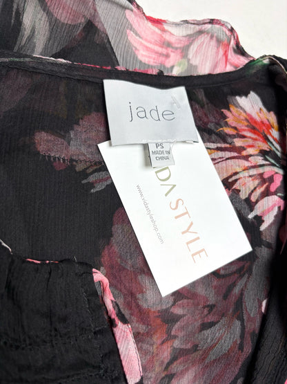 Women Size PS Jade by Johnny Was Black Floral Print Pure Silk Pre-Owned 2-Piece Blouse