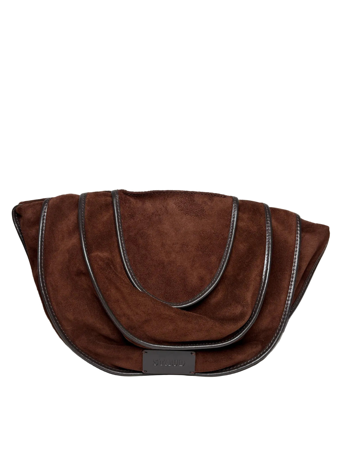 Brown suede crescent clutch with black leather trim