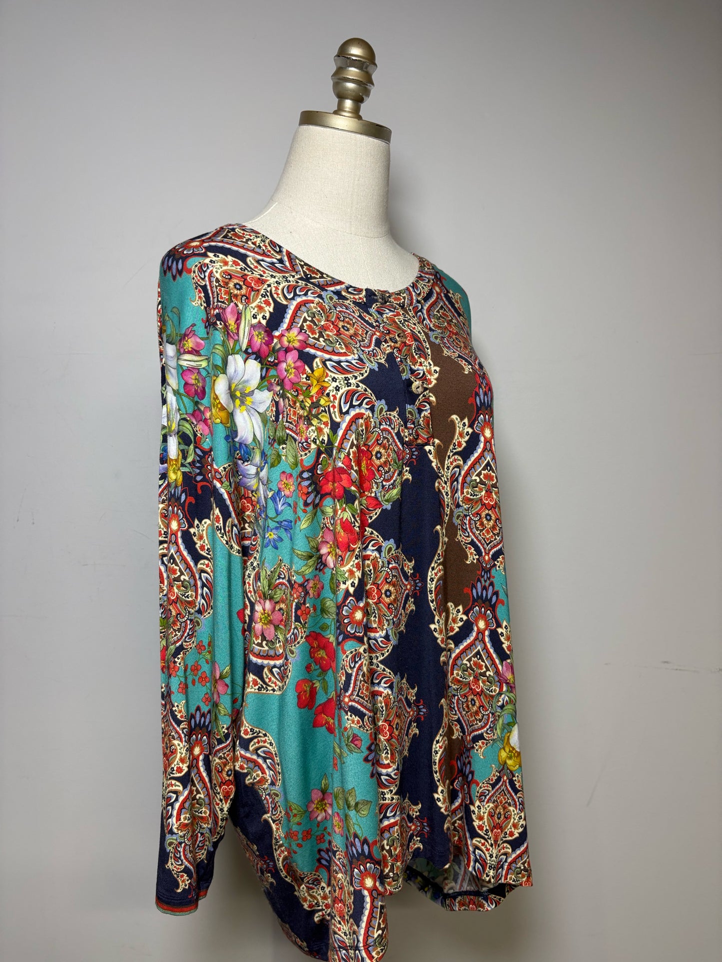 Women Size XXL Johnny Was Olive Green Floral Print Pre-Owned Long Sleeve Shirt