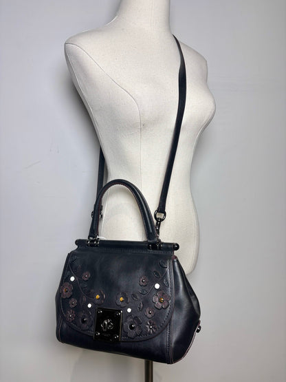 Women's Coach #54079 Willow Floral Leather Pre-owned Black Top Handle Rare Bag