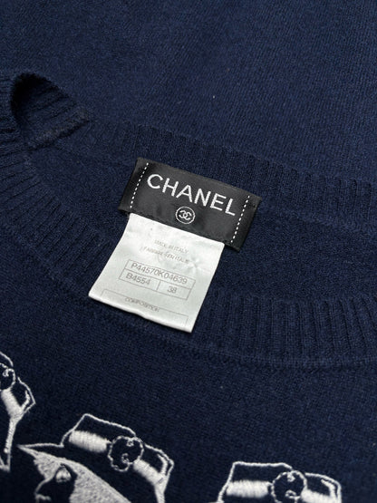Women's Chanel 2012 Mademoiselle Coco Chanel Embroidered Blue Pure Cashmere Pre-Owned Sweater