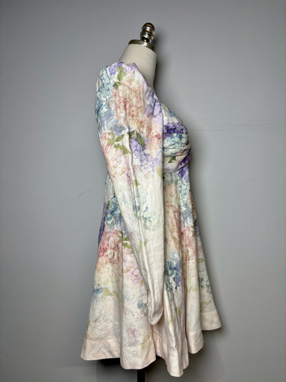 Women Size 1 Zimmermann White, Blue, Green, Pink Dawning Floral 100% Linen Dress