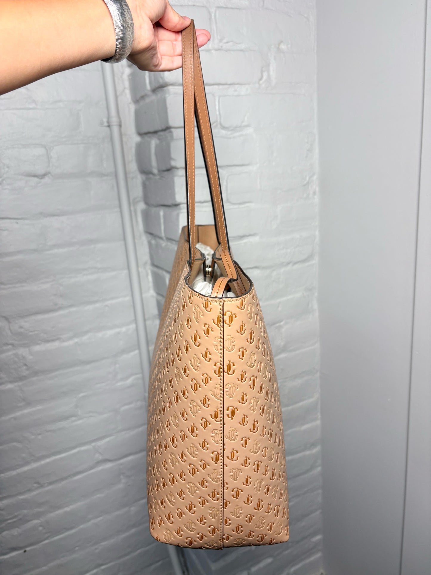 Jimmy Choo Embossed Monogram Leather Trim Pre-owned Caramel Tote Bag