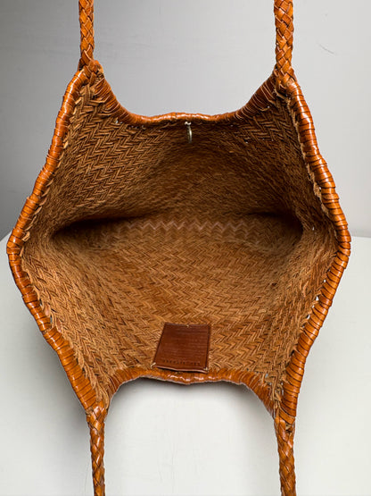 Women's Dragon Diffusion Tan Handwoven Leather NS Diagonal Pre-Owned Basket Tote Bag