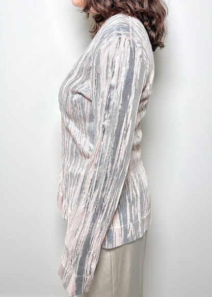 Women Size XL Oscar de la Renta Peach, Metalic Silver Silk Sweater