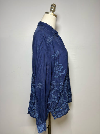 Women Size S Johnny Was Blue Floral Embroidered Cupra Rayon Pre-Owned Top