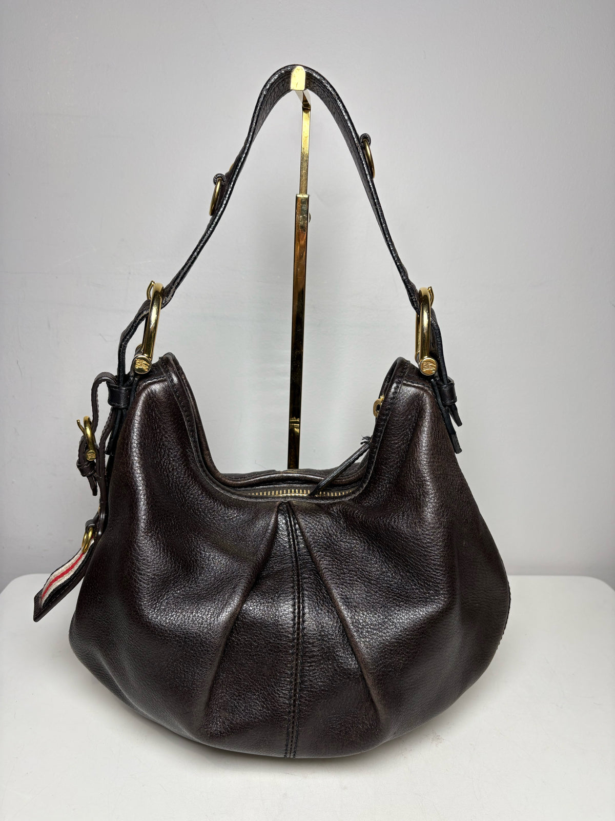 Women's Burberry Malika Vintage Dark Brown Leather Small Pre-Owned Hobo Shoulder Bag