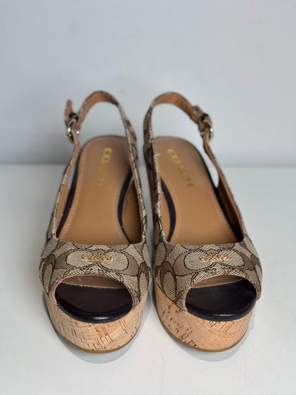 W Shoe Size 6.5 Coach Brown Canvas Cowhide Women's NWOT Wedges