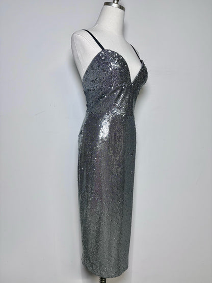 Women Size S Dress the Population Silver Sequins Midi Dress