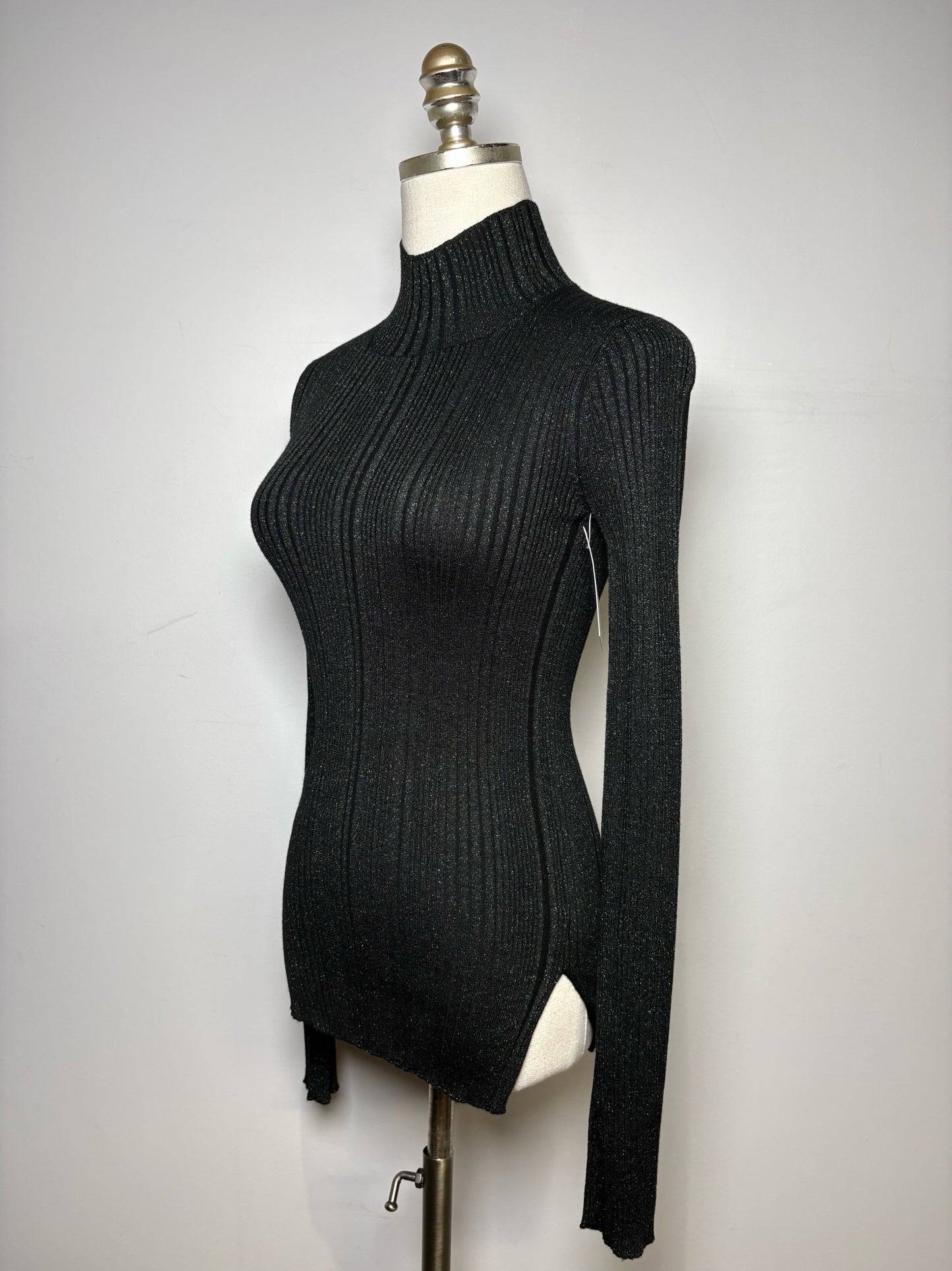Women Size XS Helmut Lang Black-Green Glitter Women's Merino Wool Blend Sweater