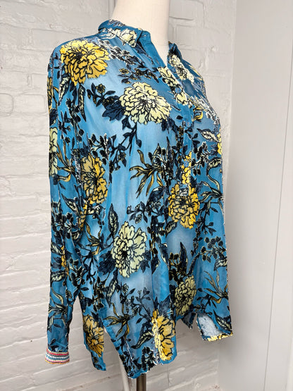 Women Size 2 Johnny Was Teal Floral Print Rayon, Silk NWT Shirt