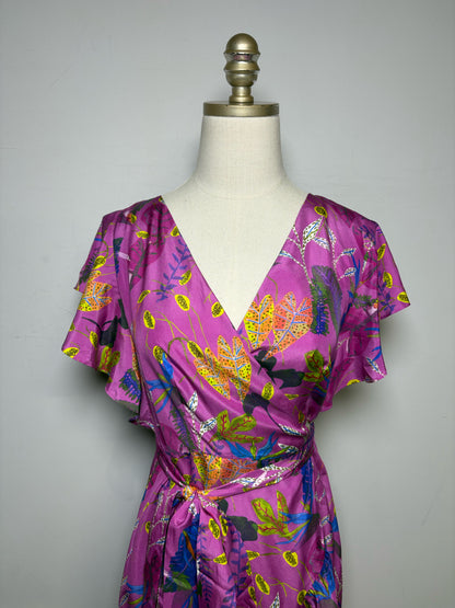 Women Size 8 Tanya Taylor Purple Multicolor Leaf Print Pure Silk Pre-Owned Wrap Midi Dress