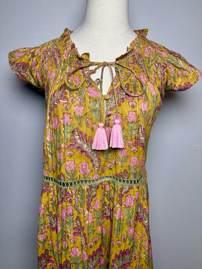 Women Size XS Clara the Label Olive Green Pink Gold Print Cotton NWT Pre-Owned Midi Dress