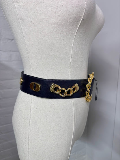 Escada Leather 36 (XS) Vintage Black Chain Links Padlocks Belt