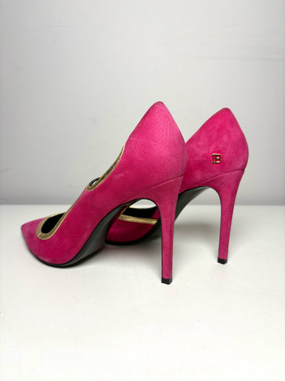 W Size 39 (8 - 8.5) Balmain Miley Fuchsia, Gold Trim Leather Suede NWOT Heels