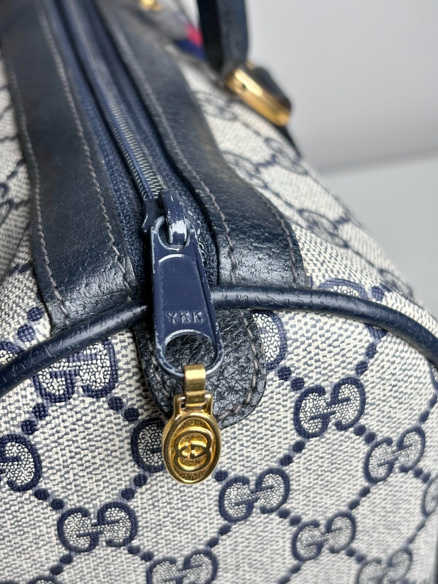 Vintage Gucci Boston Bag Monogram Navy Coated Canvas w/Leather Trim | Pre-owned