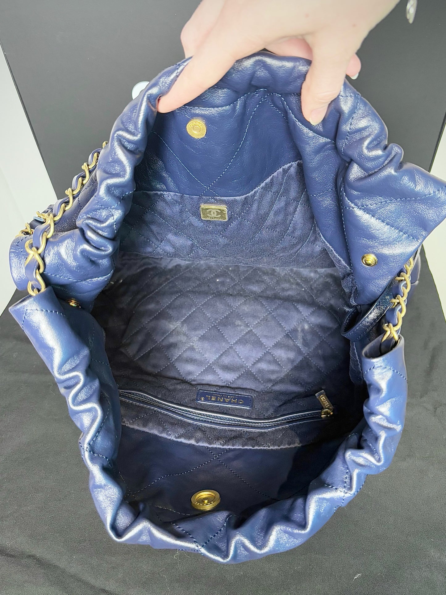 Chanel 22 Calfskin Leather Metallic Navy Blue Quilted Purse