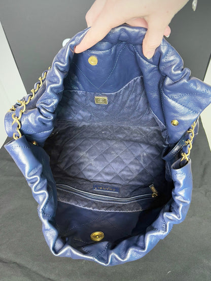 Chanel 22 Calfskin Leather Metallic Navy Blue Quilted Purse