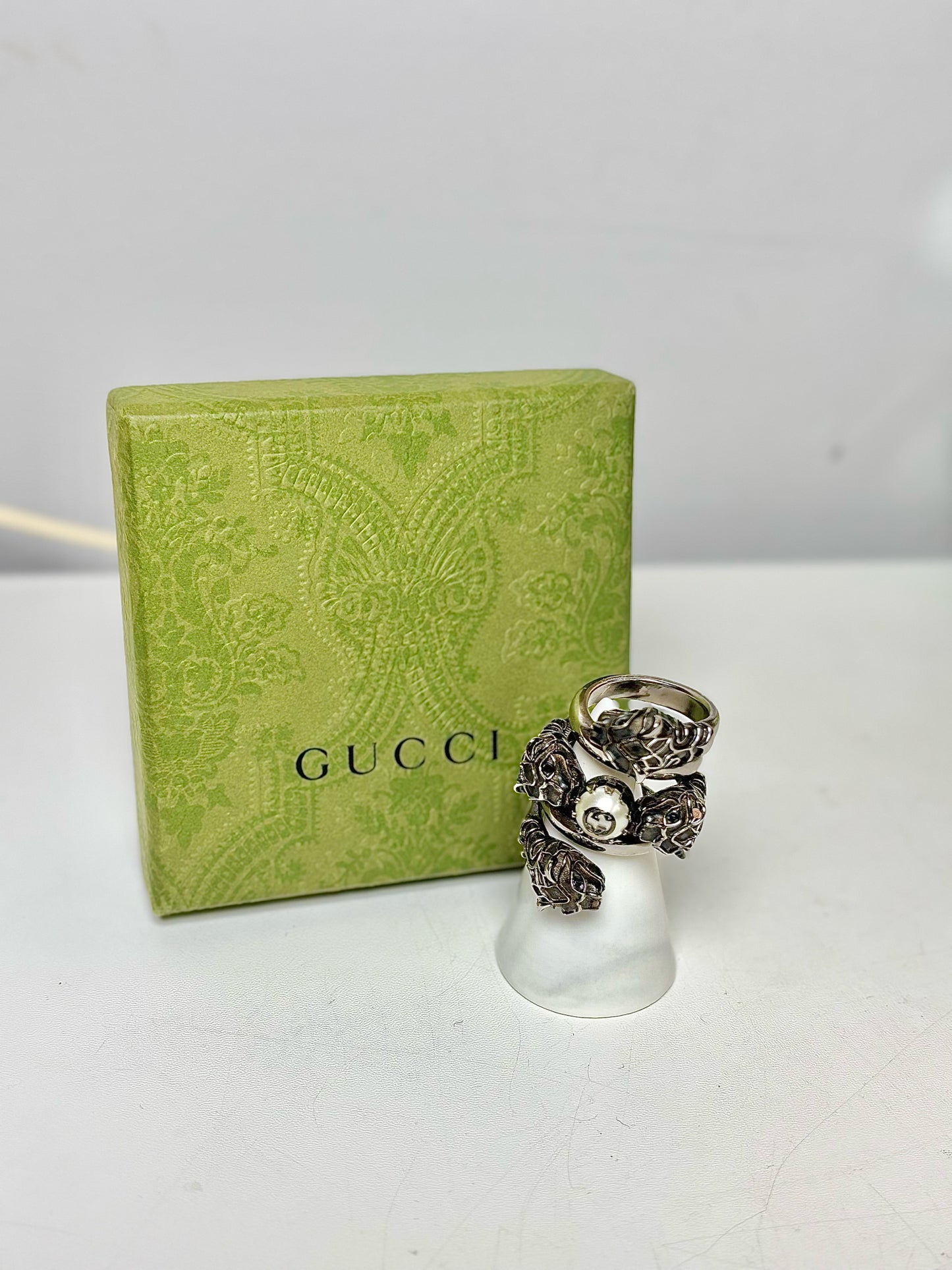 Sterling Silver Gucci Pearl Tiger Coil Wrap Black 6.5 Ring