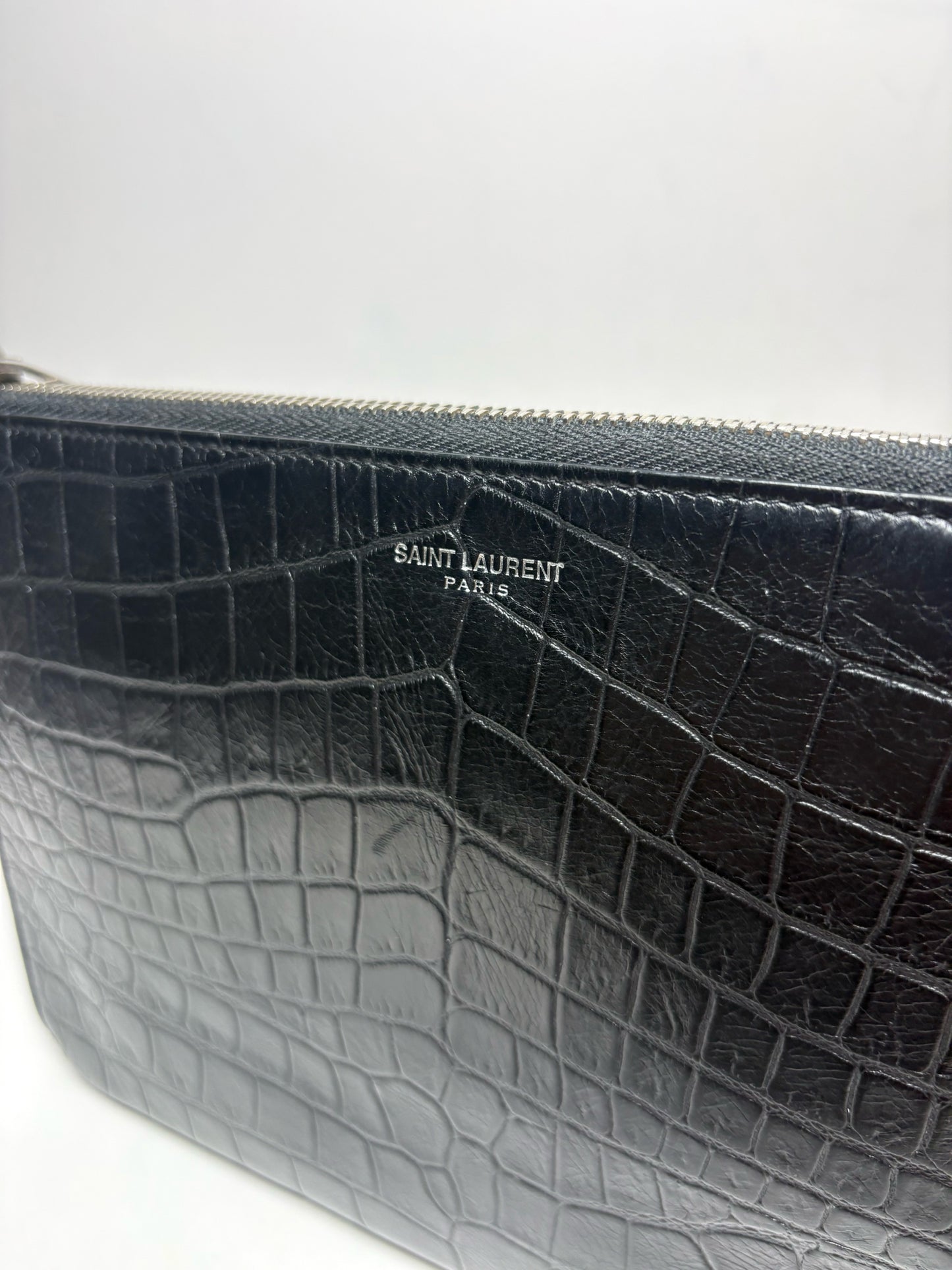 Saint Laurent Black Croc Embossed Leather Pre-Owned Portfolio Clutch