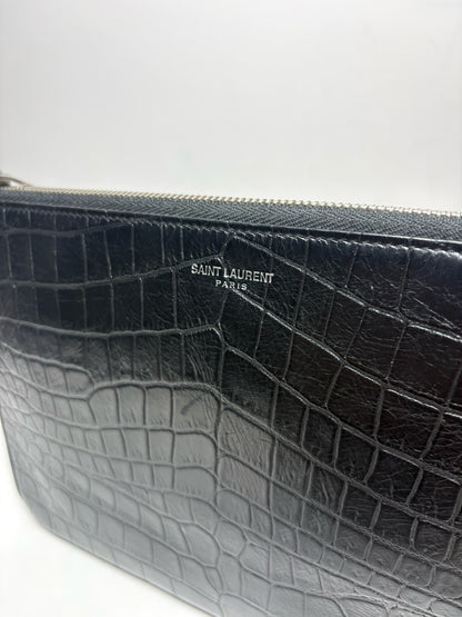 Saint Laurent Black Croc Embossed Leather Pre-Owned Portfolio Clutch