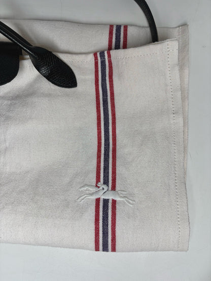 Longchamp Solid w/Stripe Accents Linen Pre-owned Off-white Cowhide Trim Purse
