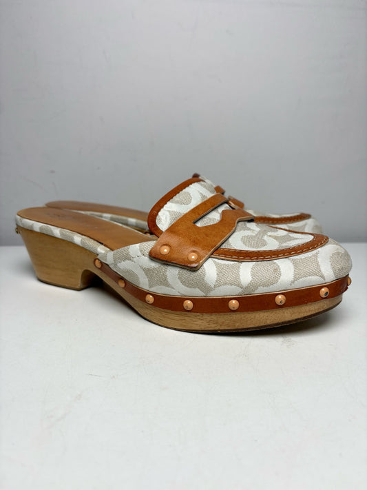 W Shoe Size 8.5 Coach Monogram Jacquard Wooden Heels Leather Pre-owned Slides