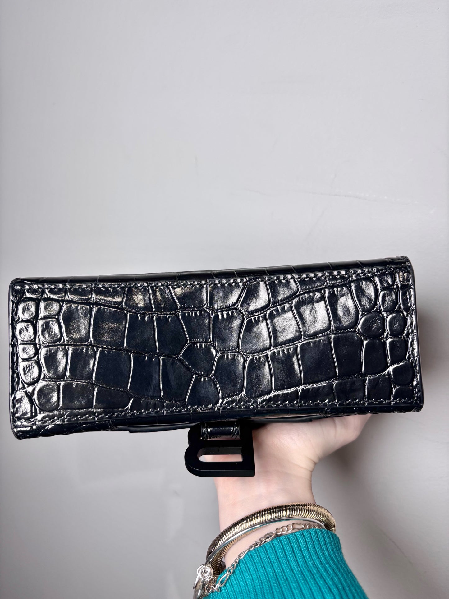 Balenciaga Hourglass Handbag Croc Embossed Black Mini Purse
