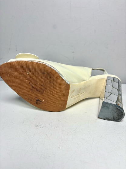 Women Shoe Size 7.5 B Salvatore Ferragamo Off-White Patent Leather Pre-Owned Slingback Heels