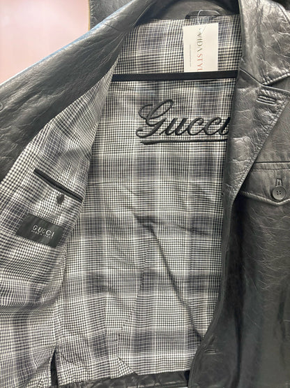 Gucci Black Leather Solid Men's 48 Button Down Plaid Lining Jacket
