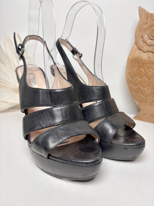 W Shoe Size 36.5 (6.5) Prada Black Leather Cage Heels