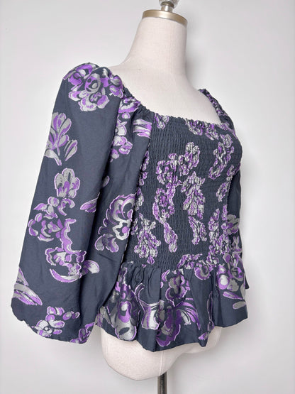 Women Size M Tanya Taylor Purple, Black, Silver Floral Print Emma NWT Blouse
