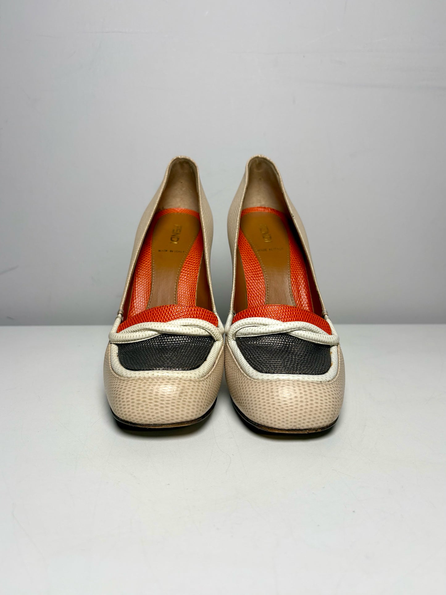 W Shoe Size 38.5 (7.5 US) Fendi Neutrals Lizard Embossed Leather Heels
