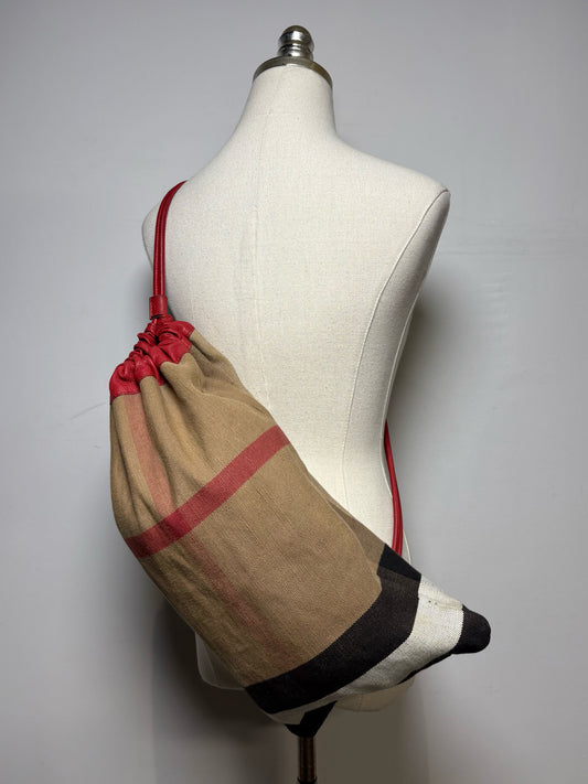 Women's Burberry Nova Check Canvas & Red Pebble Leather Pre-Owned Drawstring Purse