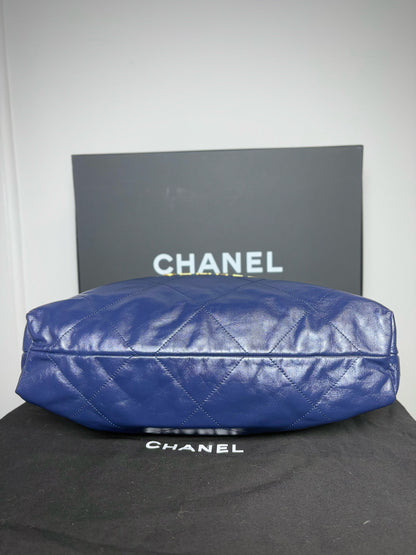 Chanel 22 Calfskin Leather Metallic Navy Blue Quilted Purse