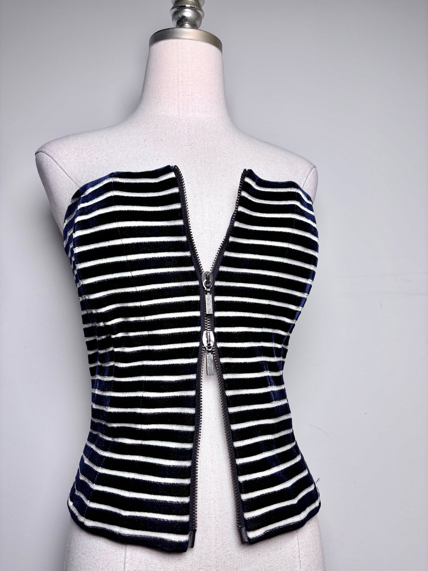 Women Size 4 (S) Giorgio Armani Blue, White Striped Bustier, Jacket Set
