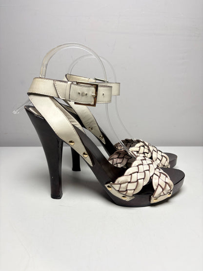 W Shoe Size 6.5 Gucci Brown, White Leather, Wood Women's Pre-owned Heels