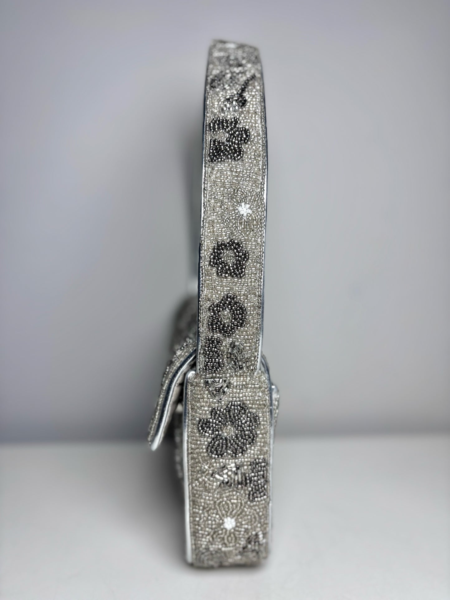Staud Tommy Floral Beads Pre-owned Silver Leather Trim/Strap Trim Shoulder Bag