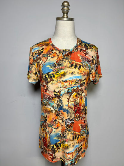 Women Size M L'AGENCE Ressi Orange, Yellow Multi-Print NWT Pre-Owned Short Sleeve Shirt