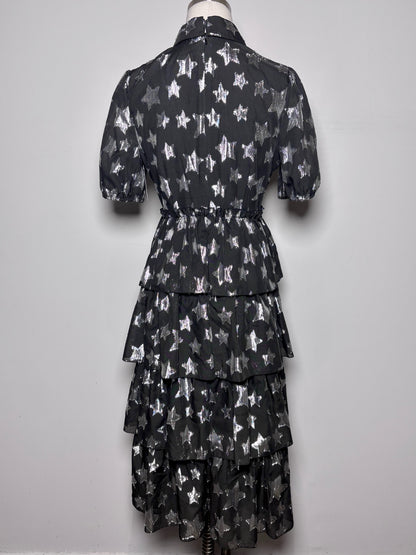 Women Size 4 Halogen Black Silver Stars, Ribbons Pre-owned Dress