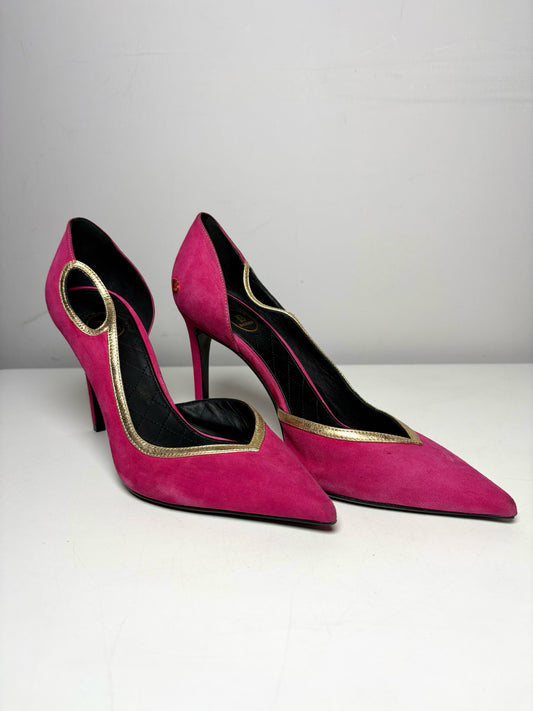 W Size 39 (8 - 8.5) Balmain Miley Fuchsia, Gold Trim Leather Suede NWOT Heels