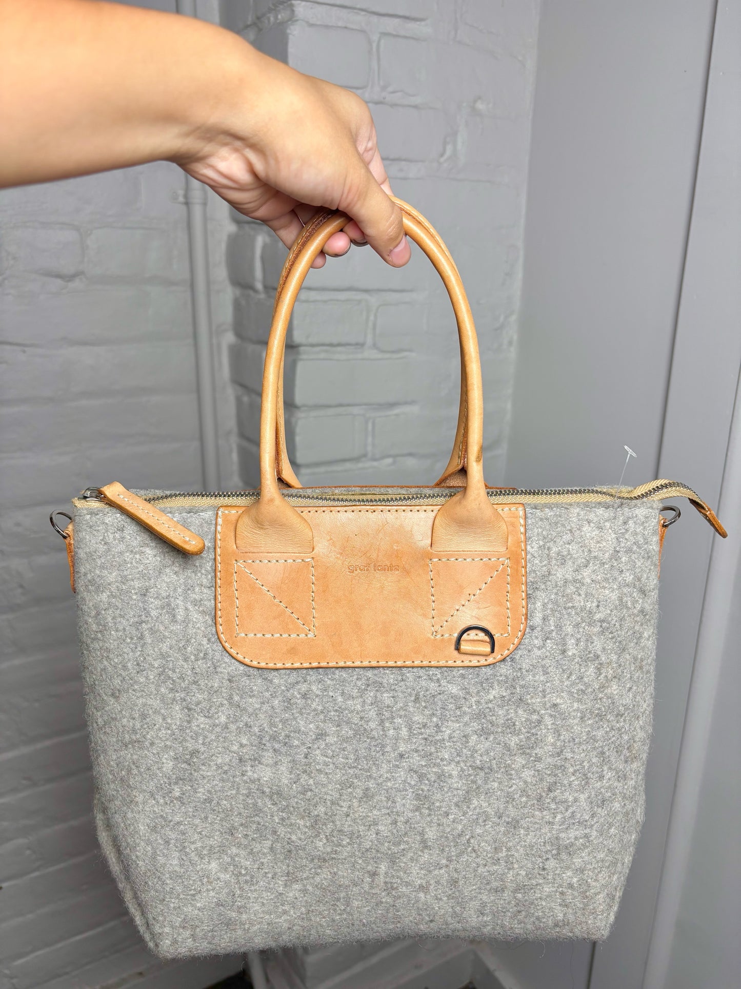 Graf Lantz Solid Wool Gray Leather Trim Crossbody Purse