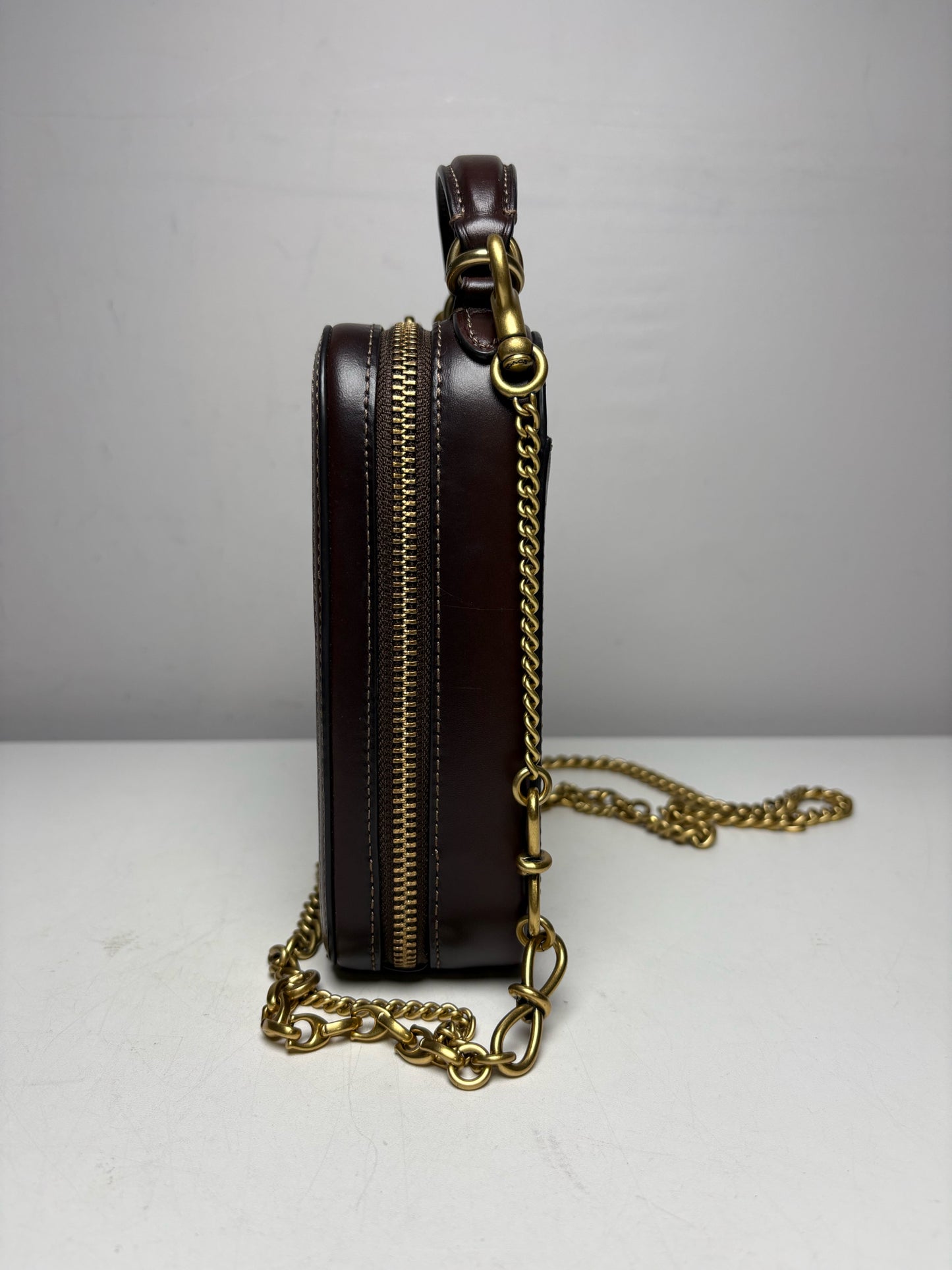 Women's Coach Alie Camera Brown Tan Monogram Pre-Owned Chain Crossbody Bag with Custom Charm