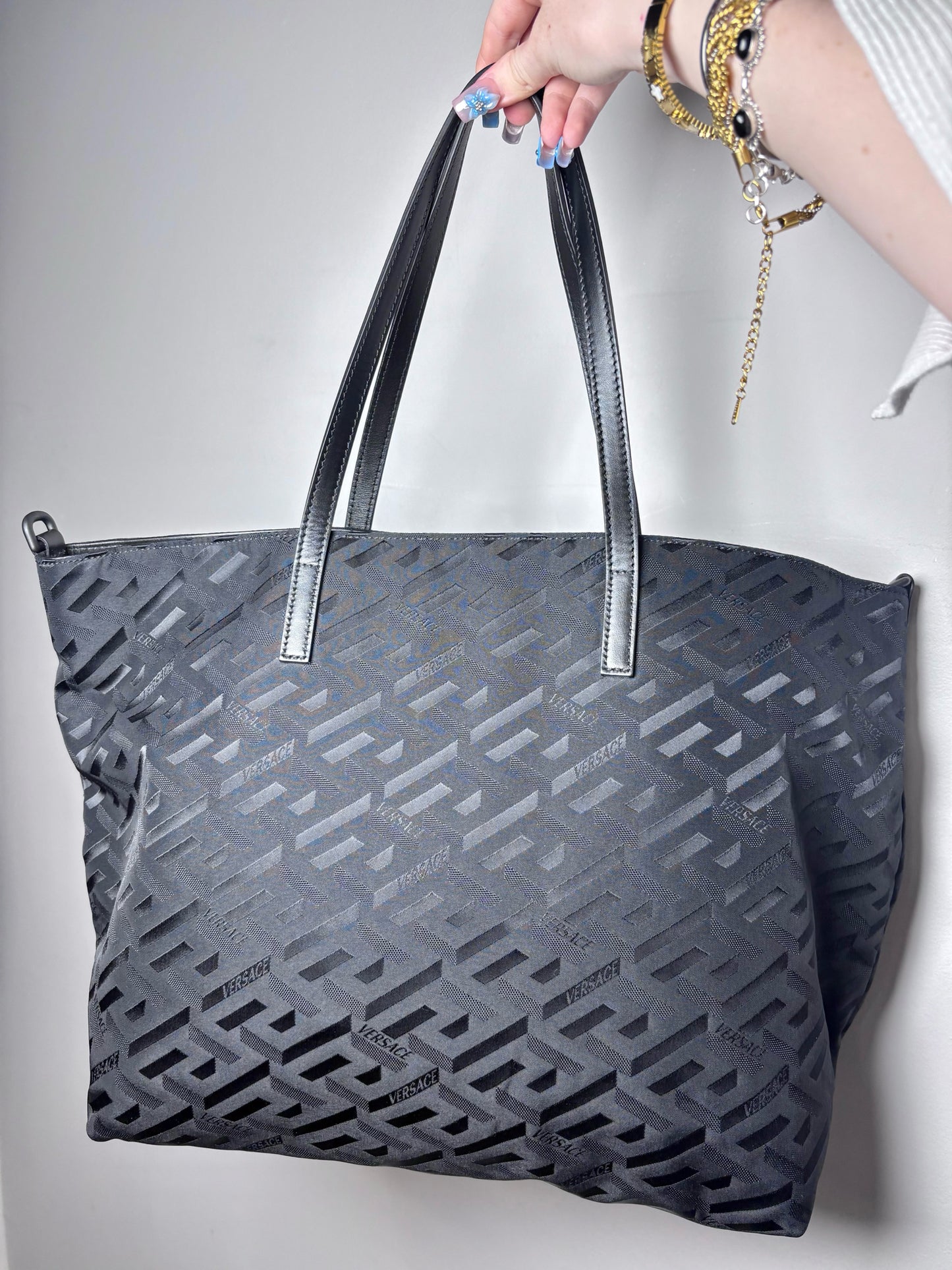 Versace Jacquard, Monogram Nylon Pre-owned Black Leather + Pouch Crossbody Tote