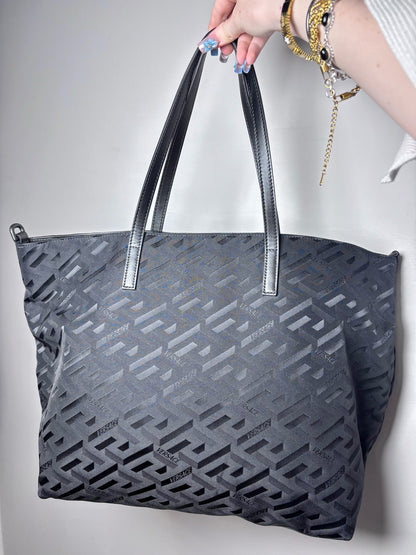 Versace Jacquard, Monogram Nylon Pre-owned Black Leather + Pouch Crossbody Tote