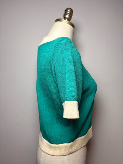 Women's Size S St. John Teal & Cream Knit Vintage Pre-Owned Cropped Cardigan