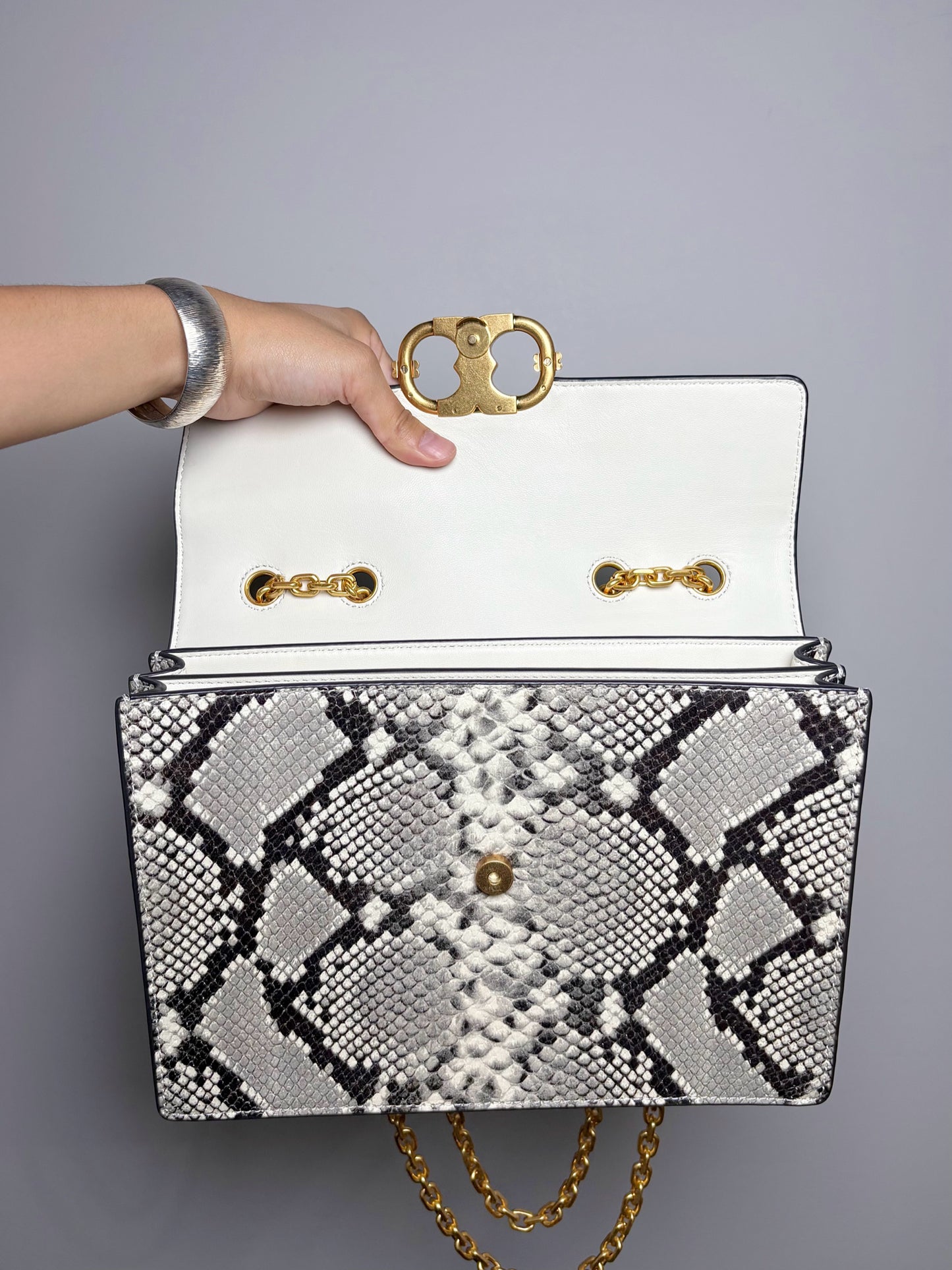 Tory Burch Snakeskin Print Leather Gray, Cream Gemini Link Purse
