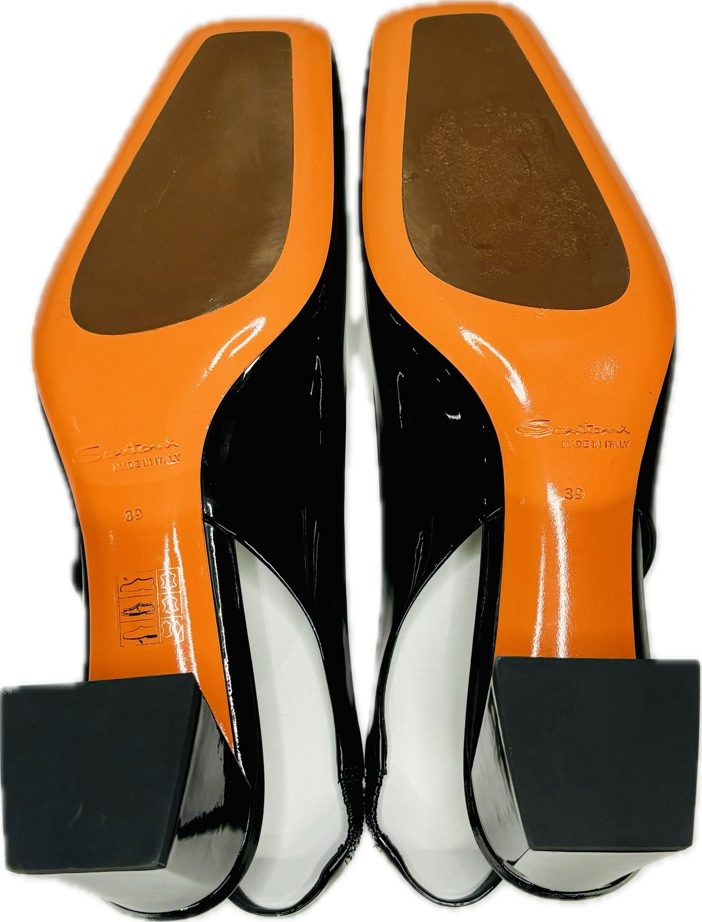 Santoni Black Leather Patent Slingback Heels, Sz 8.5